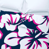 Navy Blue, Surfer Girl Pink and White Hibiscus and Hawaiian Flowers Duvet Cover - Large Scale - Extremely Stoked