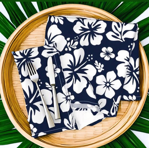 Navy Blue and White Hawaiian Flowers Dinner Napkins - Extremely Stoked