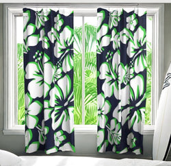 Navy Blue, Lime Green and White Hawaiian Hibiscus Flowers Window Curtains - Extremely Stoked