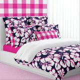 Navy Blue, Surfer Girl Pink and White Hibiscus and Hawaiian Flowers Duvet Cover - Medium Scale