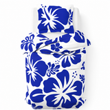 Royal Blue Hawaiian Flowers on White Duvet Cover – Large Scale – Extremely Stoked® Eco Luxe Beach Bedding