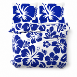 Royal Blue Hawaiian Flowers on White Duvet Cover – Large Scale – Extremely Stoked® Eco Luxe Beach Bedding