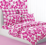 Surfer Girl Hot Pink Hibiscus and Hawaiian Flowers on White Duvet Cover -Medium Scale