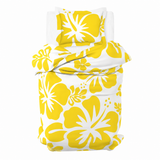 A bedding set featuring a twin size duvet cover and matching pillowcase with a bold yellow and white hibiscus floral pattern, shown against a plain white background.
