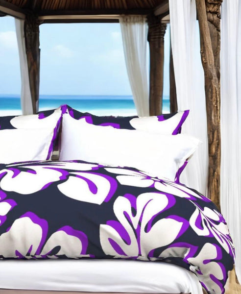 Navy Blue, White and Purple Hibiscus and Hawaiian Flowers Duvet Cover -Large Scale - Extremely Stoked