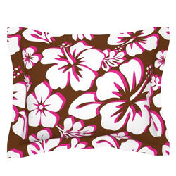 Brown, Hot Pink and White Hawaiian Hibiscus Flowers Pillow Sham - Extremely Stoked