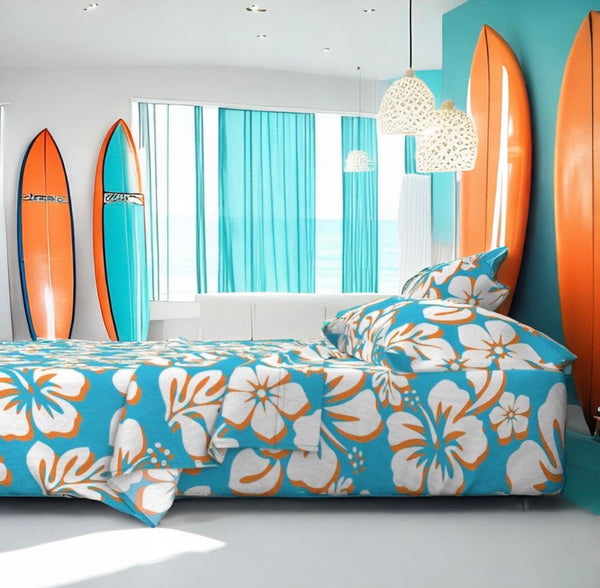 Aqua Blue, Orange and White Hawaiian Flowers Sheet Set from Surfer Bedding™️ Medium Scale - Extremely Stoked