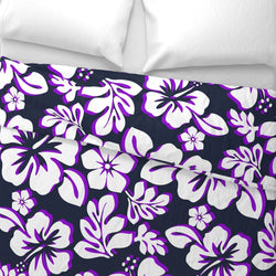 Navy Blue, White and Purple Hibiscus and Hawaiian Flowers Duvet Cover -Medium Scale - Extremely Stoked