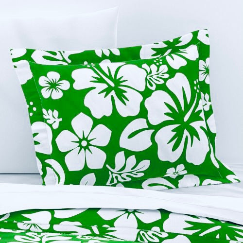 White Hawaiian Hibiscus Flowers on Fresh Green Pillow Sham - Extremely Stoked