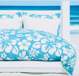 White Hawaiian Hibiscus Flowers on Aqua Blue Duvet Cover - Medium Scale - Extremely Stoked