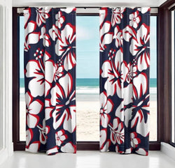 Surfer Red, White and Navy Blue Hawaiian Hibiscus Flowers Window Curtains - Extremely Stoked