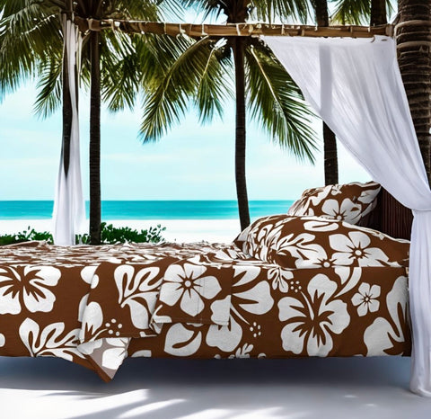 White Hawaiian Flowers on Chocolate Brown Sheet Set from Surfer Bedding™️ Medium Scale - Extremely Stoked