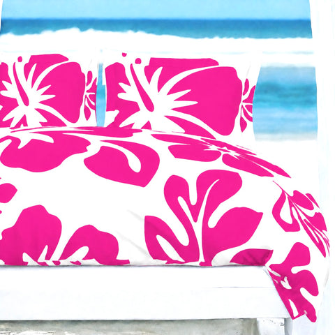 Hot Pink Hawaiian Flowers on White Duvet Cover – Large Scale – Extremely Stoked® Eco Luxe Beach Bedding