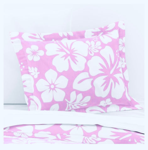 White Hawaiian Hibiscus Flowers on Pink Pillow Sham - Extremely Stoked
