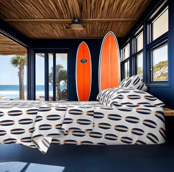 Navy Blue and Orange Classic Surfboards Sheet Set from Surfer Bedding™️ Medium Scale - Extremely Stoked