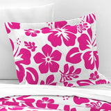 Surfer Girl Hot Pink Hibiscus and Hawaiian Flowers on White Duvet Cover -Medium Scale - Extremely Stoked