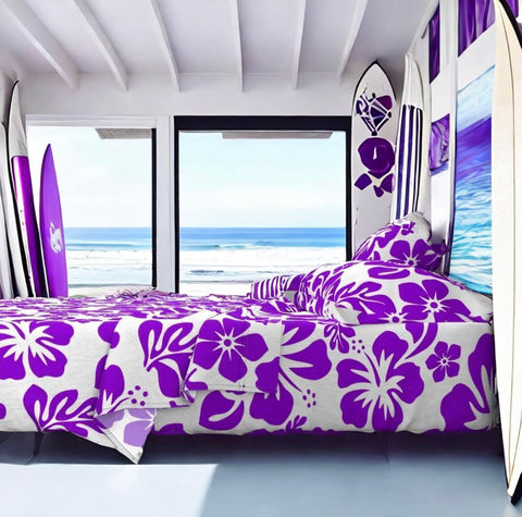Purple Hawaiian Flowers on White Sheet Set from Surfer Bedding™️ Medium Scale - Extremely Stoked