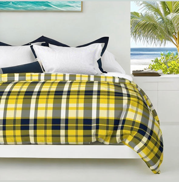 Navy Blue and Yellow Preppy Surfer Plaid Duvet Cover - Extremely Stoked® Eco Luxe Beach Bedding