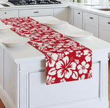 White Hawaiian Flowers on Red Table Runner - Extremely Stoked