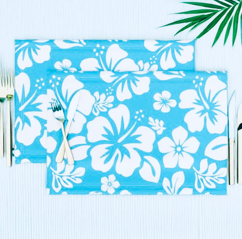 White Hawaiian Flowers on Aqua Blue Placemats - Extremely Stoked