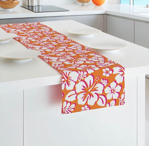 White and Hot Pink Hawaiian Flowers on Orange Table Runner - Extremely Stoked