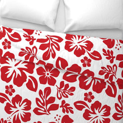 Red Hibiscus and Hawaiian Flowers on White Duvet Cover -Medium Scale - Extremely Stoked