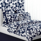 White and Navy Blue Hawaiian Hibiscus Flowers Pillow Sham