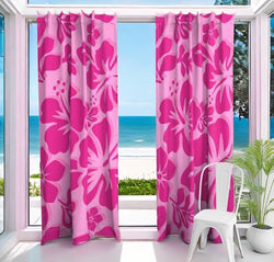 Soft Pink with Surfer Girl Hot Pink Hawaiian Flowers Window Curtains - Extremely Stoked