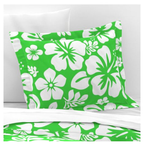 White on Lime Green Hawaiian Hibiscus Flowers Pillow Sham - Extremely Stoked