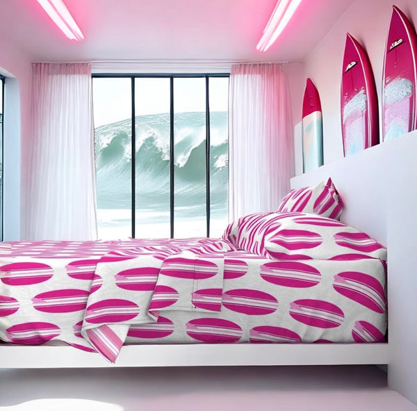 Surfer Girl Pink, White and Soft Pink Classic Surfboards Sheet Set from Surfer Bedding™️ Large Scale - Extremely Stoked