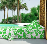 Bright Lime Green Hawaiian Flowers on White Sheet Set from Surfer Bedding™️ Medium Scale - Extremely Stoked
