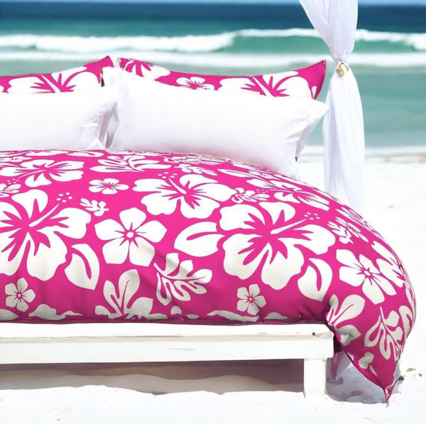 White Hibiscus and Hawaiian Flowers on Surfer Girl Pink Duvet Cover -Medium Scale - Extremely Stoked