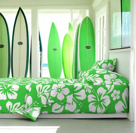 White Hawaiian Flowers on Bright Lime Green Sheet Set from Surfer Bedding™️ Medium Scale - Extremely Stoked