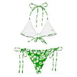 White Hawaiian Flowers on Fresh Green String Bikini - Extremely Stoked