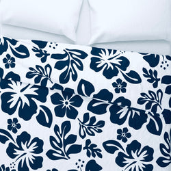 White and Navy Blue Hibiscus and Hawaiian Flowers Duvet Cover -Medium Scale - Extremely Stoked