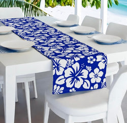 Royal Blue and White Hawaiian Flowers Table Runner