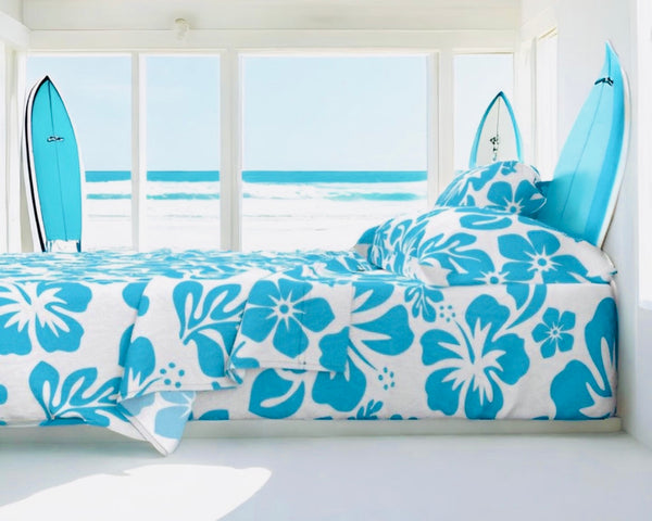 Aqua Ocean Blue Hawaiian Flowers on White Sheet Set from Surfer Bedding™️ Medium Scale - Extremely Stoked