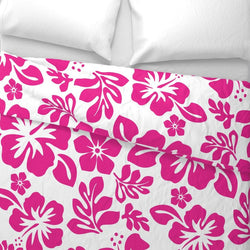 Surfer Girl Hot Pink Hibiscus and Hawaiian Flowers on White Duvet Cover -Medium Scale - Extremely Stoked