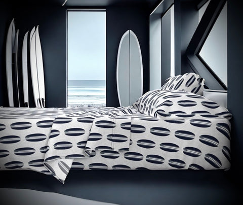 Navy Blue and Grey Classic Surfboards Sheet Set from Surfer Bedding™️ Medium Scale - Extremely Stoked