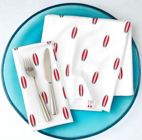 Surfer Red and Aqua Blue “Mini” Surfboard Dinner Napkins - Extremely Stoked