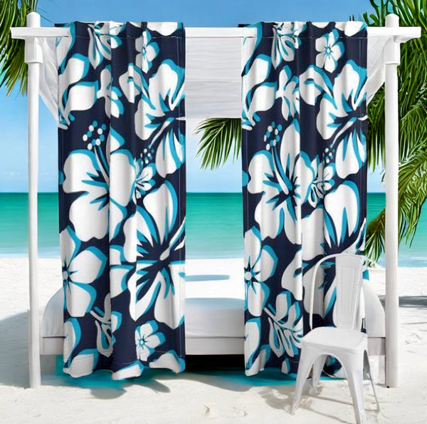 Ocean Blues Hawaiian Hibiscus Flowers Window Curtains from Surfer Bedding™️ - Extremely Stoked