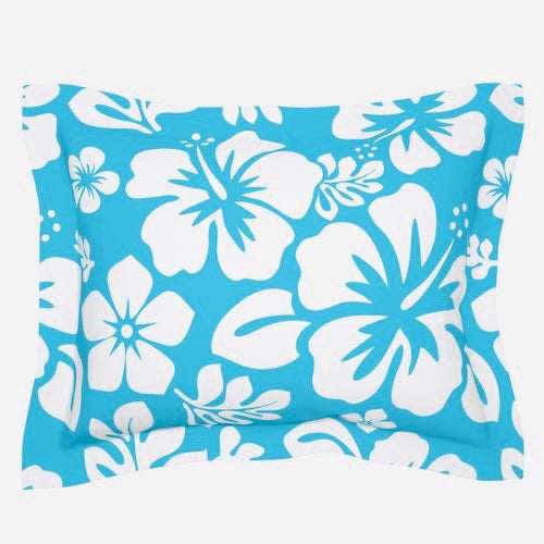 White Hawaiian Hibiscus Flowers on Aqua Ocean Blue Pillow Sham - Extremely Stoked