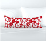 Red and White Hawaiian Flowers Extra Long Lumbar Throw Pillow