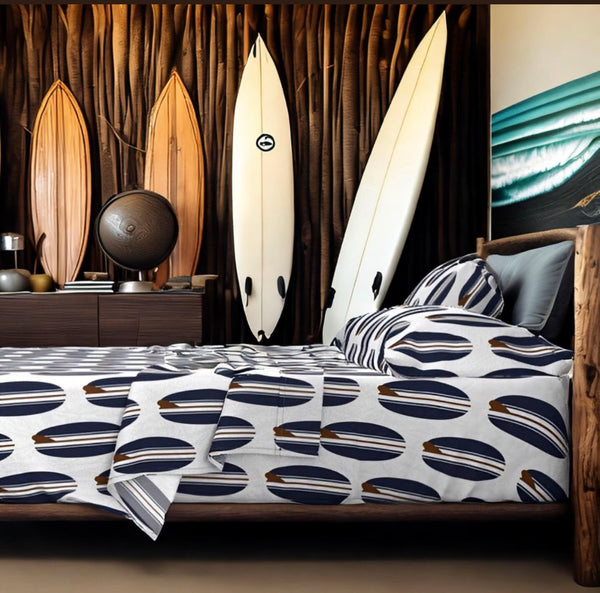 Navy Blue and Brown Classic Surfboards Sheet Set from Surfer Bedding™️ Large Scale - Extremely Stoked