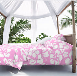 White Hawaiian Flowers on Soft Pink Sheet Set from Surfer Bedding™️ Medium Scale - Extremely Stoked