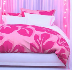 Soft Pink with Surfer Girl Hot Pink Hibiscus and Hawaiian Flowers Duvet Cover -Large Scale - Extremely Stoked