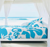Aqua Ocean Blue Hawaiian Flowers on White Sheet Set from Surfer Bedding™️ Large Scale - Extremely Stoked