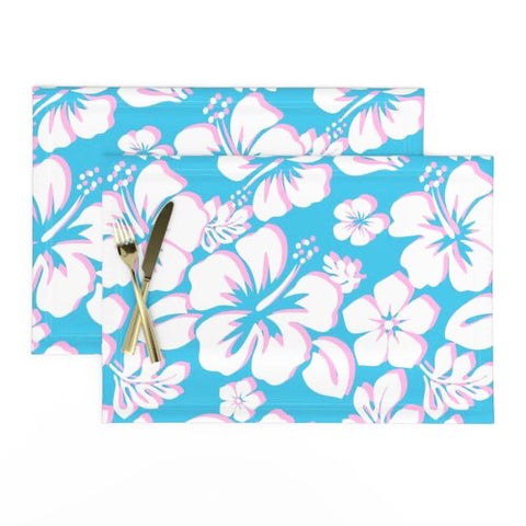 White with Soft Pink Hawaiian Flowers on Aqua Blue Placemats - Extremely Stoked