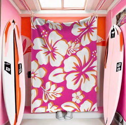 Surfer Girl Pink and Orange Hawaiian Hibiscus Flowers Minky Throw Blanket