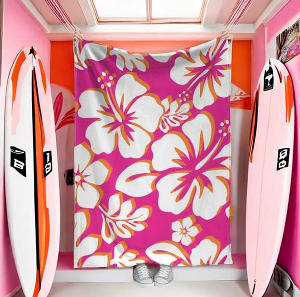 Hot Pink, White and Orange Hawaiian Flowers Minky Throw Blanket